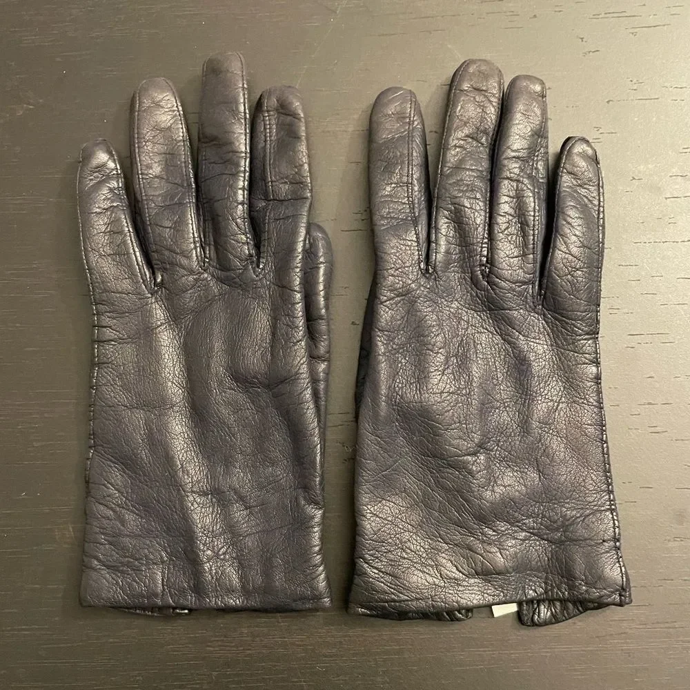 Vintage 1950s/1960s Ink Navy Blue Italian Leather Orlon Lined Women’s Gloves